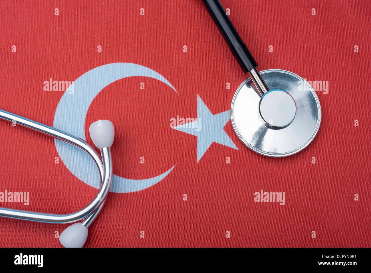 Stethoscope on the Turkish flag. Medical concept. Treatment in Turkey