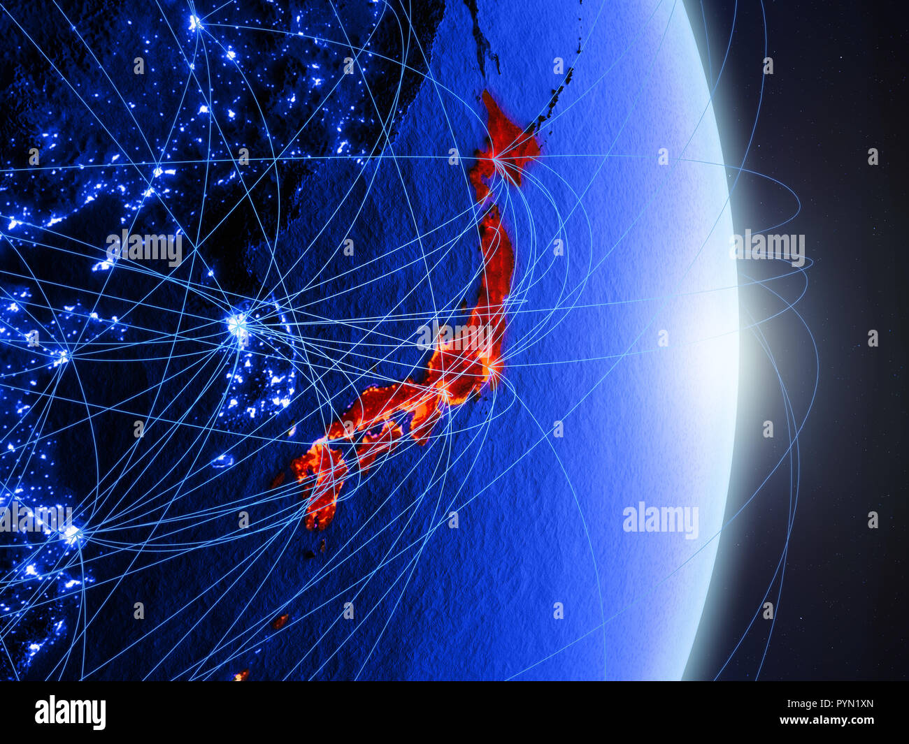 Japan on blue digital planet Earth with network. Concept of ...