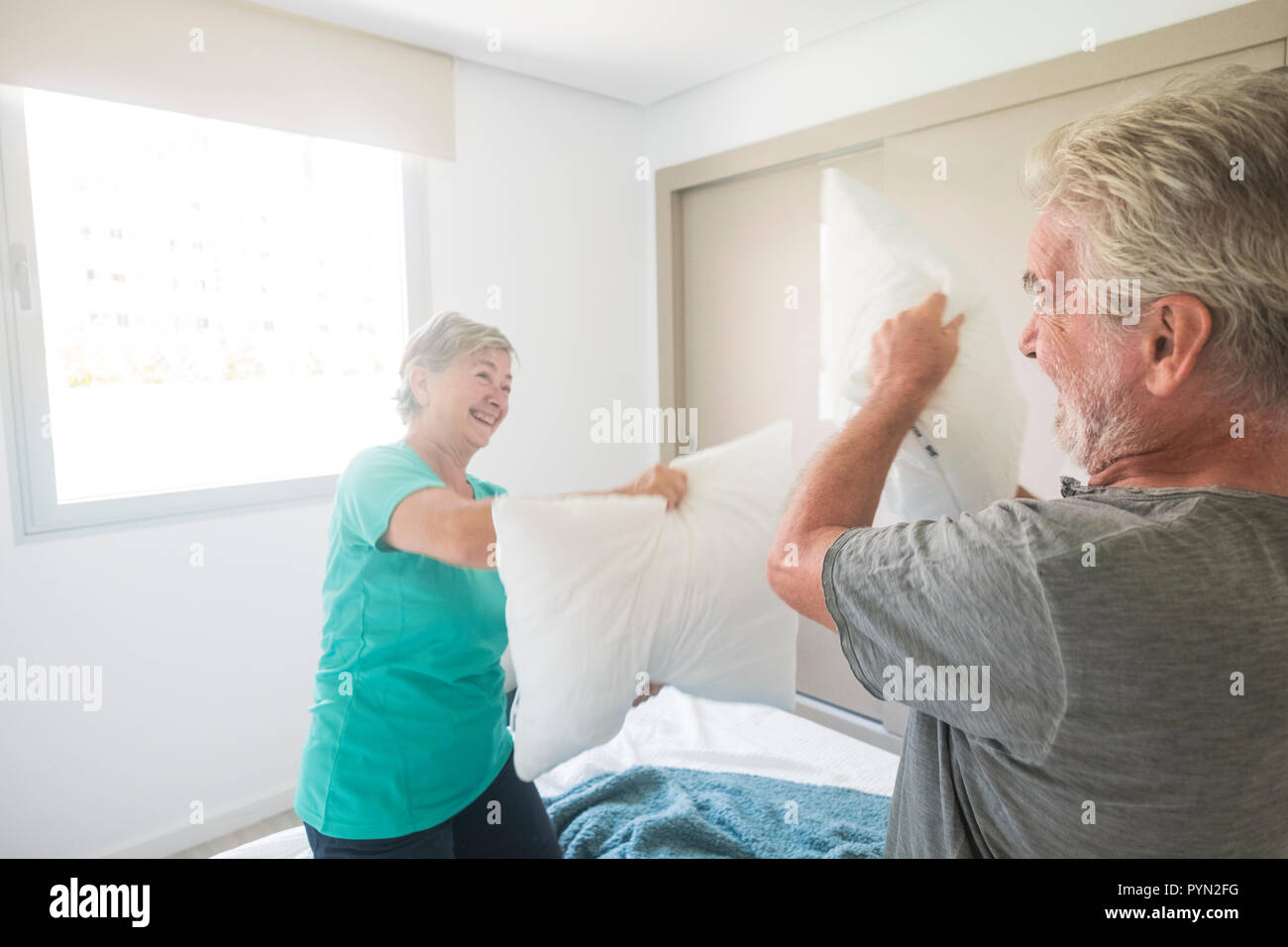 Happy Caucasian Aged Senior Adult Couple Enjoy The Early Morning