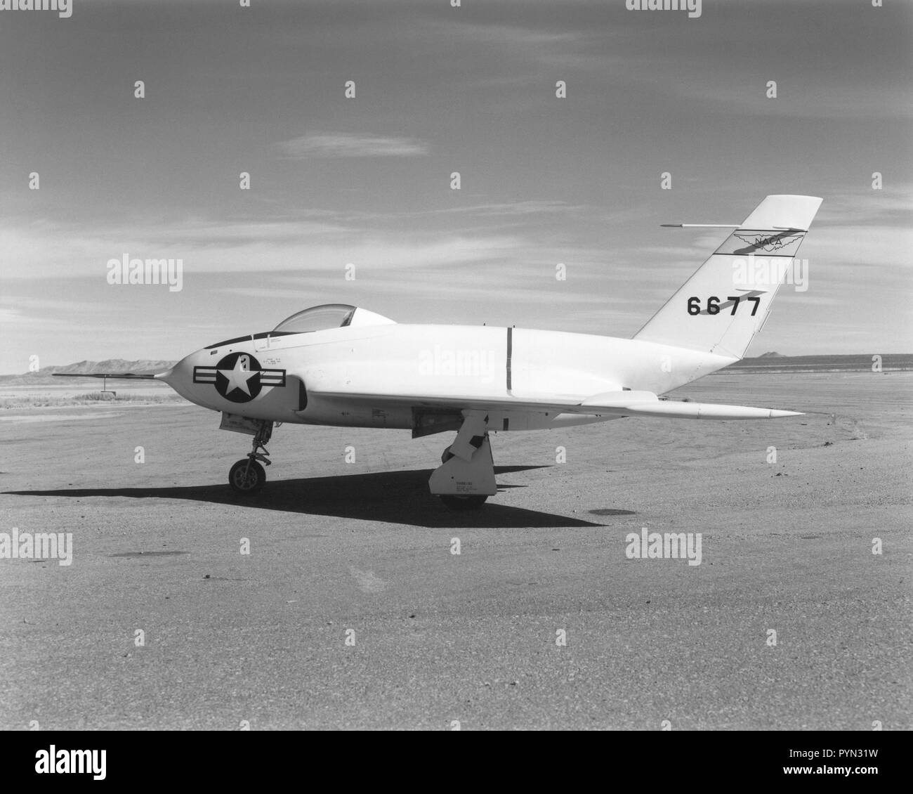 In this 1950 view of the left side of the NACA High-Speed Flight Research Station's X-4 research aircraft, the low swept wing and horizontal taillest design are seen. Stock Photo