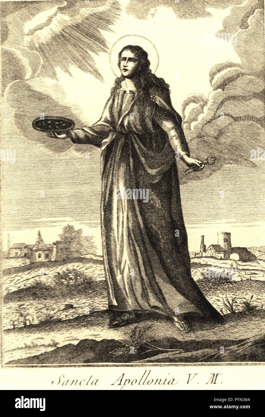 Apollonia, the patron saint of dentistry, is shown standing in a field