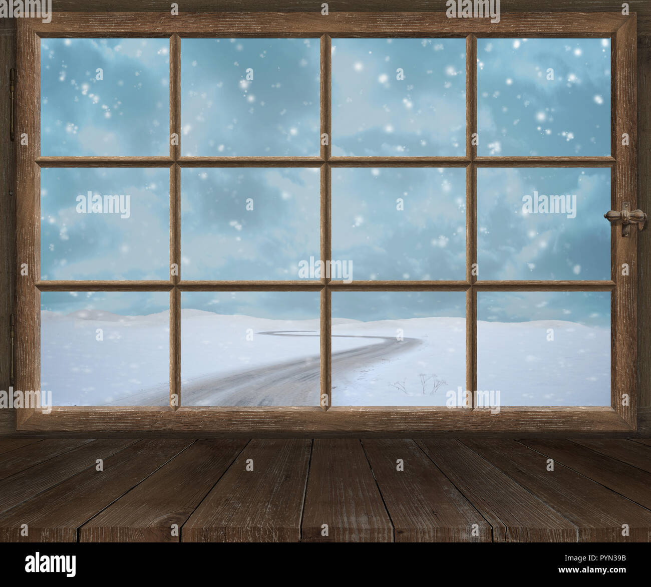 window old wood frame sprouts winter christmas Stock Photo