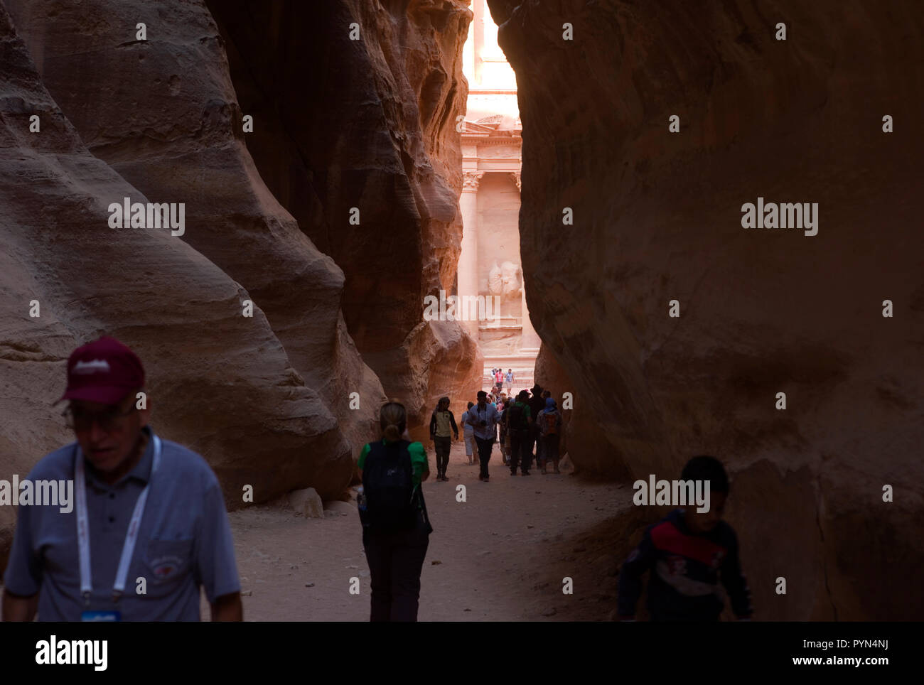 Buildings carved into the rock are seen in the Petra Archaeologic Park, in Jordan, October 24, 2018. Stock Photo