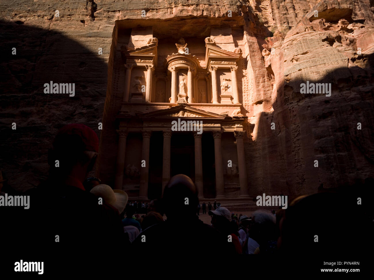 Buildings carved into the rock are seen in the Petra Archaeologic Park, in Jordan, October 24, 2018. Stock Photo