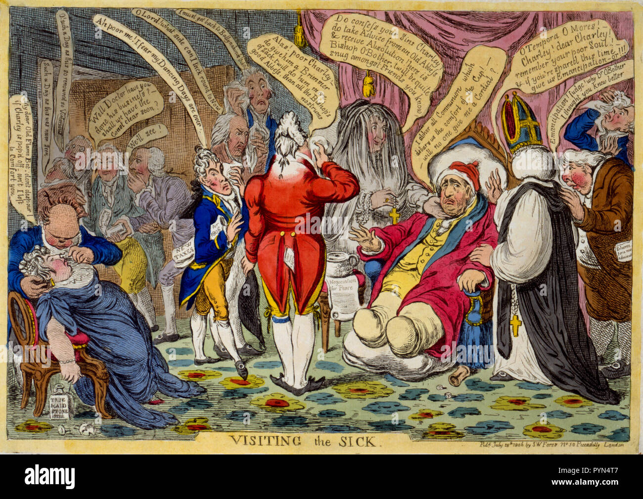 Charles Fox sitting in an armchair, obviously ill. On one side of him is Mrs. Fitzherbert, dressed as an abbess and holding a rosary; on the other side is a bishop in robes and mitre. In front of Fox, the Prince of Wales holds his handkerchief to his face. Stock Photo
