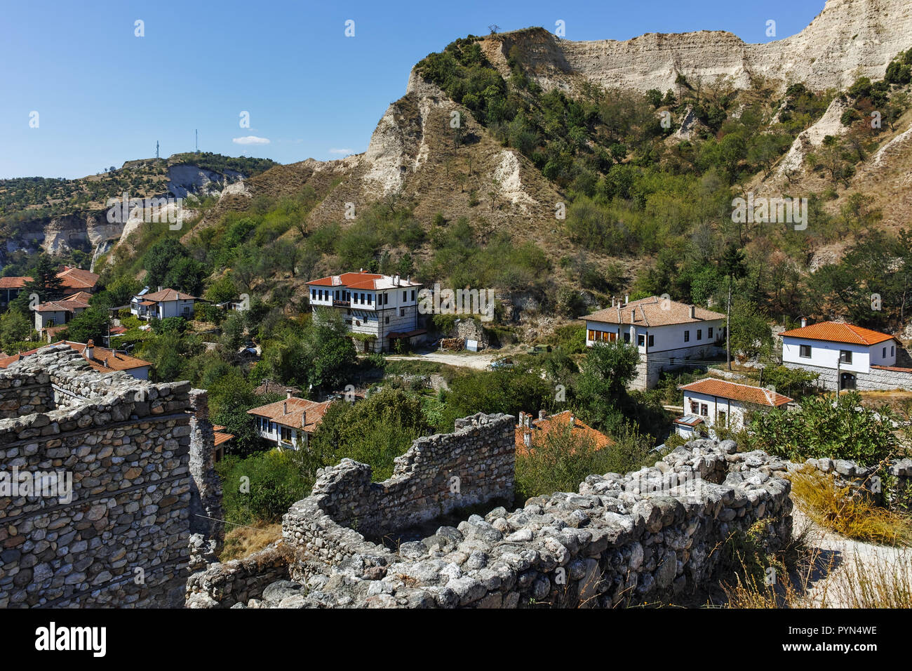 MELNIK, BULGARIA - SEPTEMBER 7, 2017:  Panorama with Old houses in town of Melnik, Blagoevgrad region, Bulgaria Stock Photo