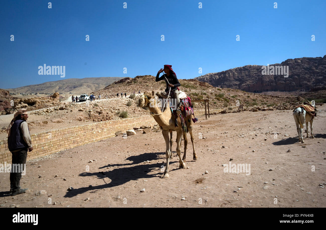 Bedouin men and boys tend their donkeys, horses and camels, to offer rides to tourists in the Petra Archaeologic Park, in Jordan October 29, 2018 Stock Photo