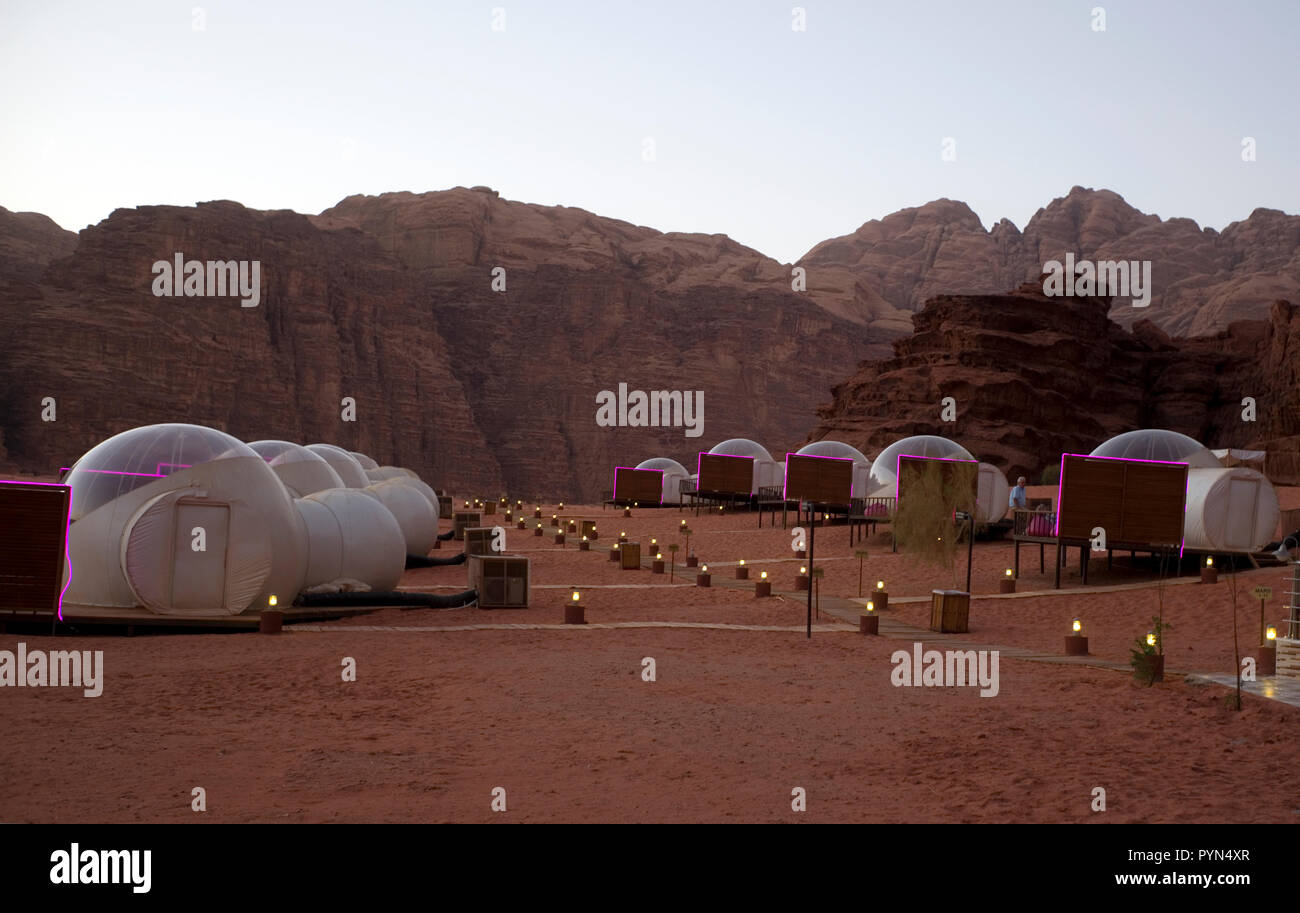 Bubble rooms are seen at the Wadi Rum Night Luxury Camp, in the desert at Wadi Rum, in Jordan, October 29, 2018. Stock Photo