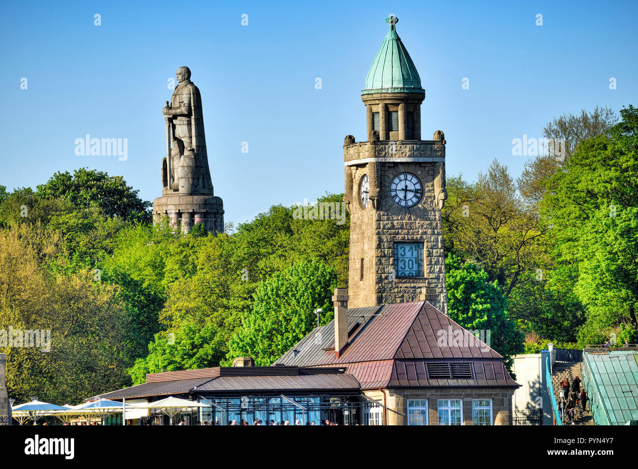 Glasenturm the Saint Pauli landing stages and Bismarck's monument in Hamburg, Germany, Europe, Glasenturm der St. Pauli Landungsbrücken und Bismarck-D Stock Photo