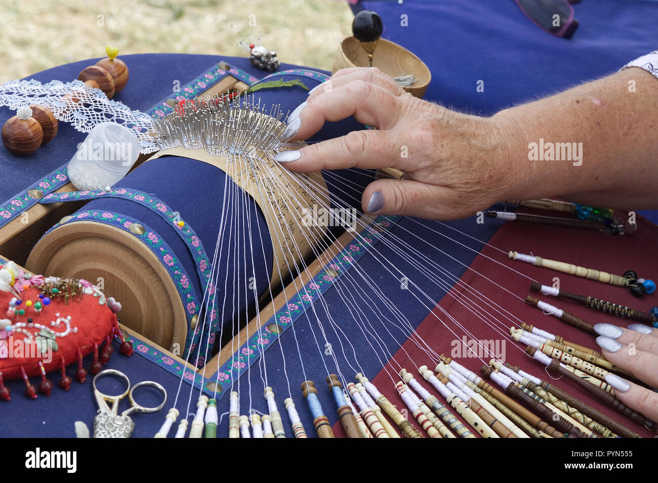 Bobbin lace making Stock Photo Alamy