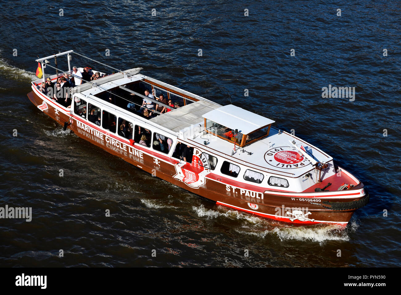 Longboat in the colours of the football association FC Saint Pauli on the Reiherstieg in Hamburg, Germany, Europe, Barkasse in den Farben des Fußballv Stock Photo