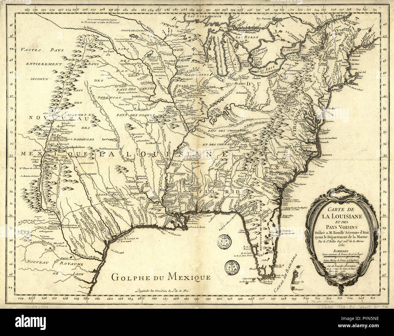 Vintage Maps / Antique Maps - Carte de la Louisiane et des pays voisins, dédiée à M. Rouillé, sécretaire d'État, ayant le Département de la marine Stock Photo