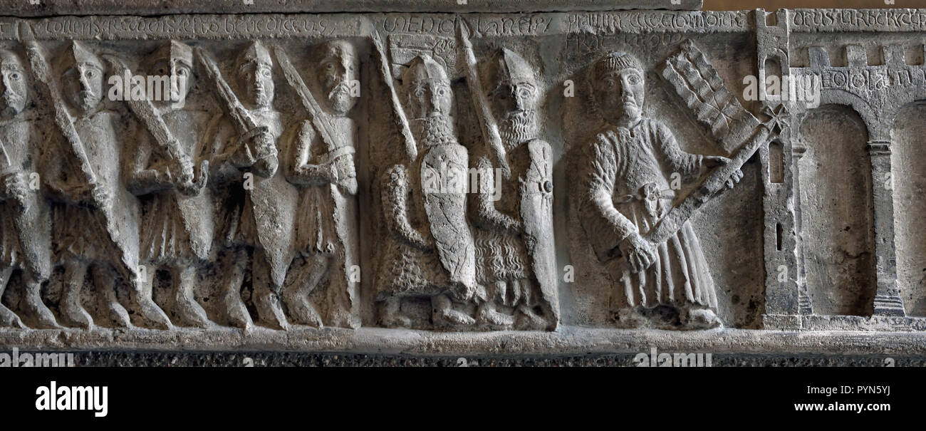 Relief of the return of the inhabitants of Milan in 1167, after the destruction of 1162 In the Museum of Ancient Art in the Castello Sforzesco - Sforza Castle in Milan Italy Stock Photo