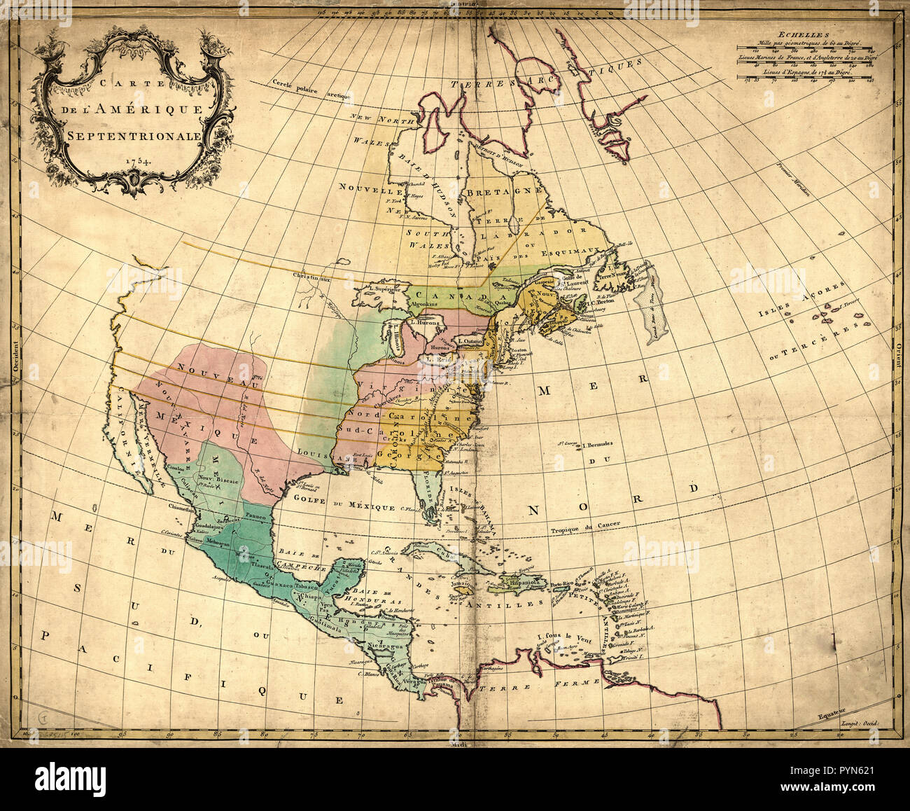 Vintage Maps / Antique Maps - Carte de l'Amérique septentrionale, 1754 Jean Palairet Stock Photo