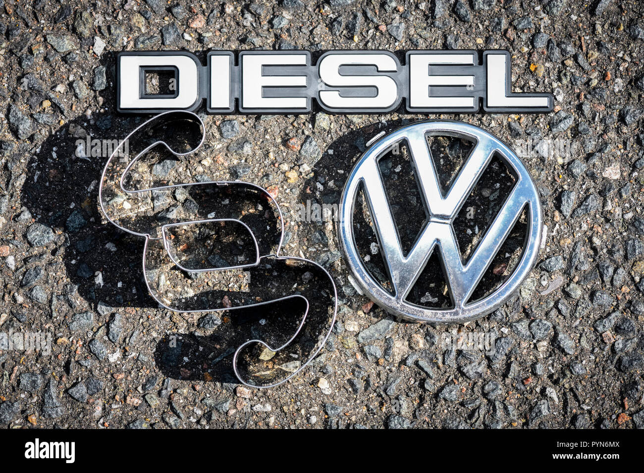 VW logo, section sign and diesel sign, diesel scandal, VW-Logo, Paragrafenzeichen und Dieselzeichen, Dieselskandal Stock Photo