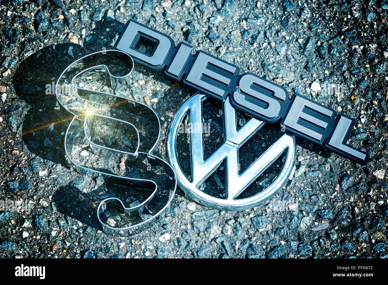 VW logo, section sign and diesel sign, diesel scandal, VW-Logo, Paragrafenzeichen und Dieselzeichen, Dieselskandal Stock Photo