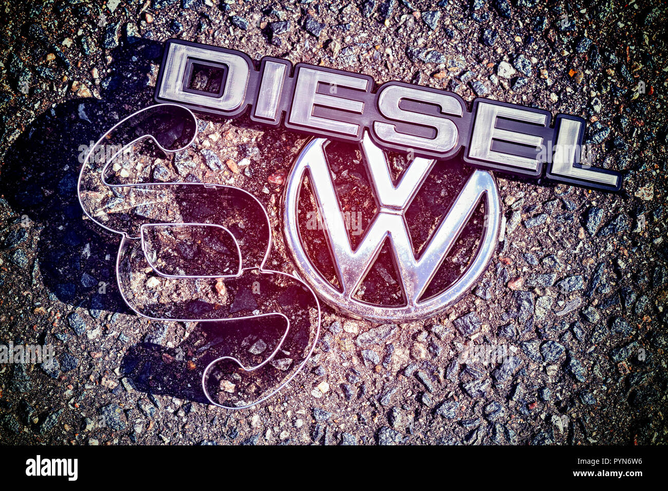 VW logo, section sign and diesel sign, diesel scandal, VW-Logo, Paragrafenzeichen und Dieselzeichen, Dieselskandal Stock Photo