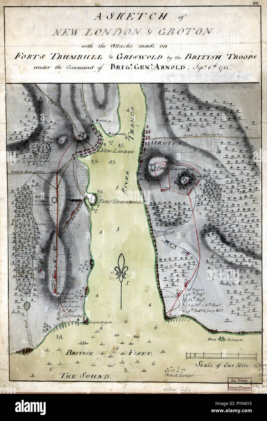 Vintage Maps / Antique Maps - A sketch of New London & Groton with the attacks made on Forts Trumbull & Griswold by the British troops under the command of Brigr. Genl. Arnold, Sept. 6th. 1781 Stock Photo