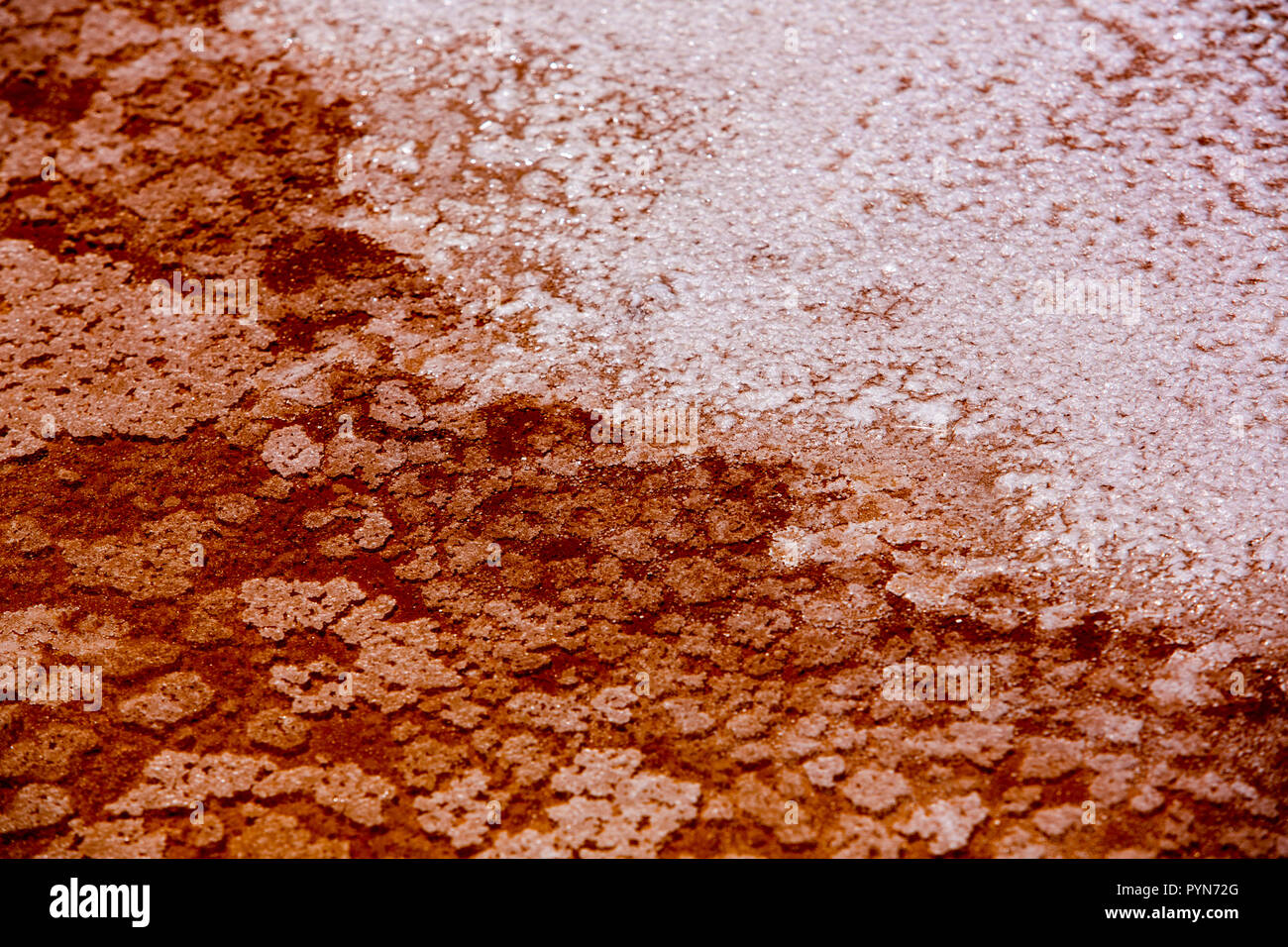 Nahaufnahme eines Salzbeckens in Rot-Oranger Farbe mit Salzkristallen - abstrakte Formen -aufgenommen in einem Salzbecken in Peru, Südamerika Stock Photo