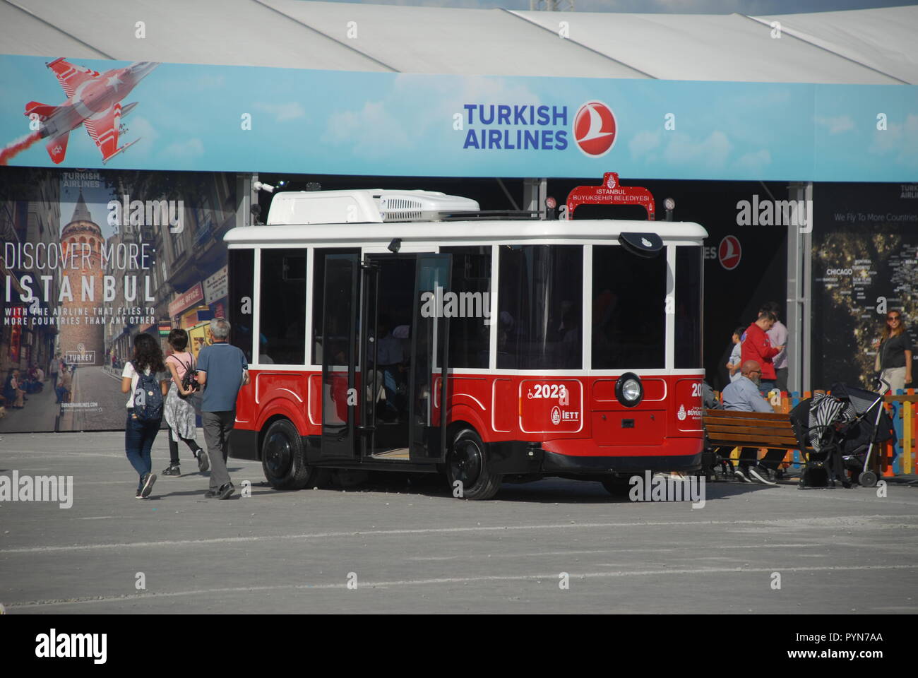 Nostalgic  bus of IETT at Istanbul, IGA New Airport during the Teknofest Technology and Aviation Fair on September 20, 2018. Stock Photo