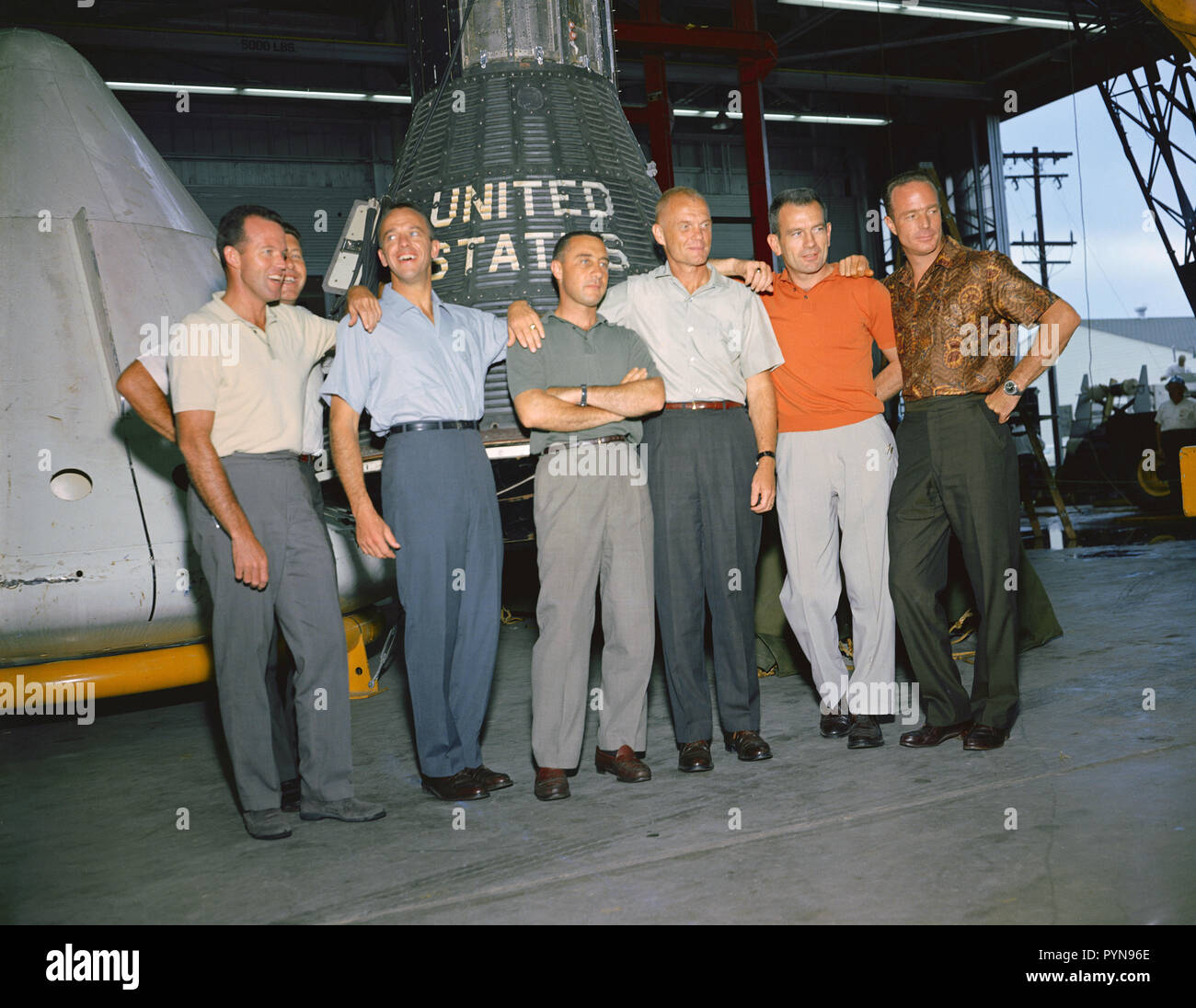 (1963) --- Group shot of the original Mercury astronauts taken at the Manned Spacecraft Center (MSC), Houston, Texas. The astronauts are left-to-right: L. Gordon Cooper Jr., Walter M. Schirra, Alan B. Shepard Jr., Virgil I. Grissom, John H. Glenn Jr., Donald K. Slayton and M. Scott Carpenter. Stock Photo
