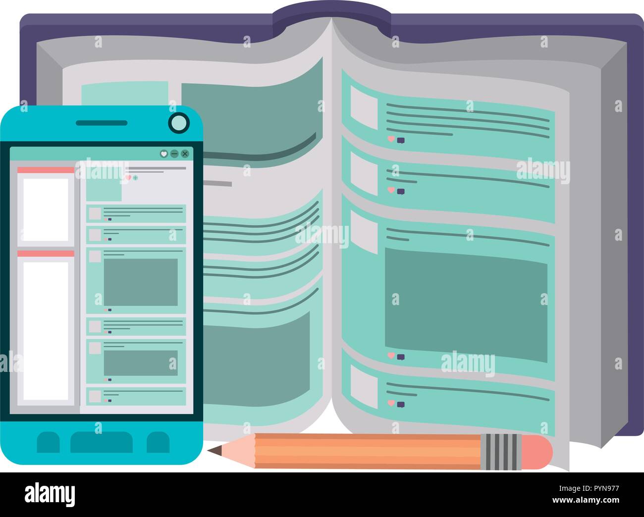 text book with pencil and smartphone icon Stock Vector