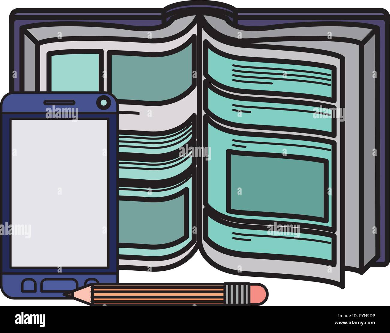 text book with pencil and smartphone icon Stock Vector