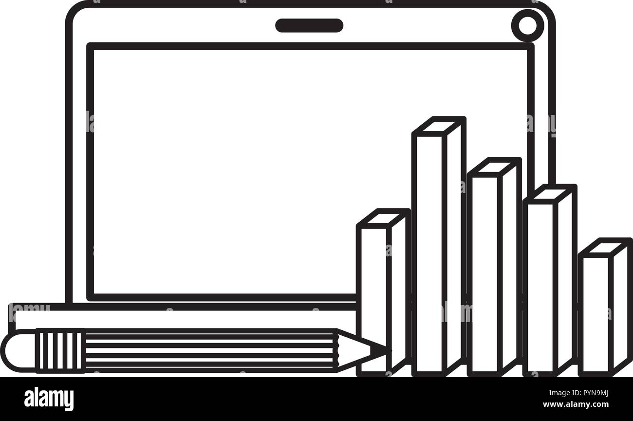laptop computer with statistics bars and pencil Stock Vector