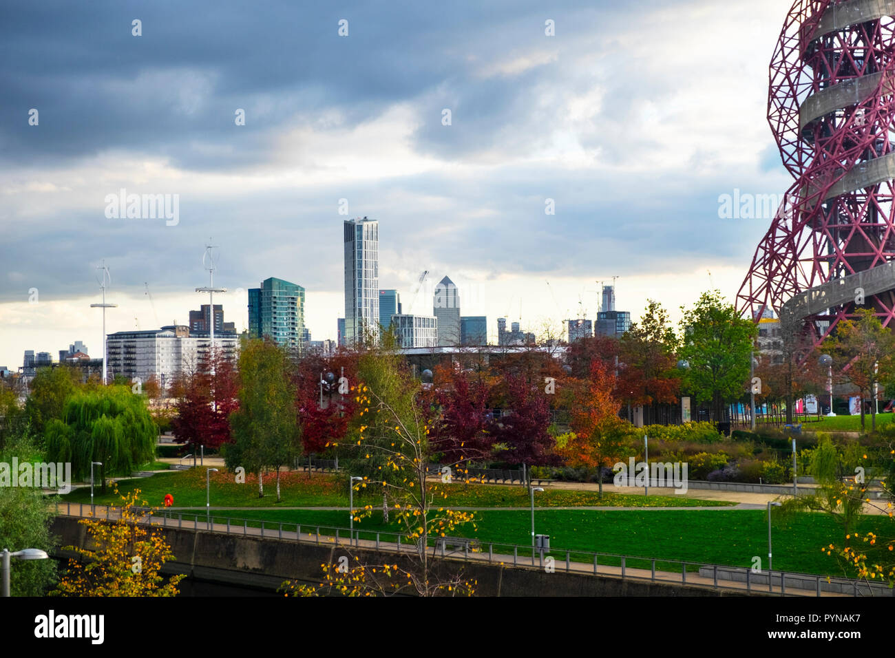 Olympic park in autumn, queen elizabeth park, ArcelorMittal Orbit, canary wharf, Stratford, london, uk Stock Photo