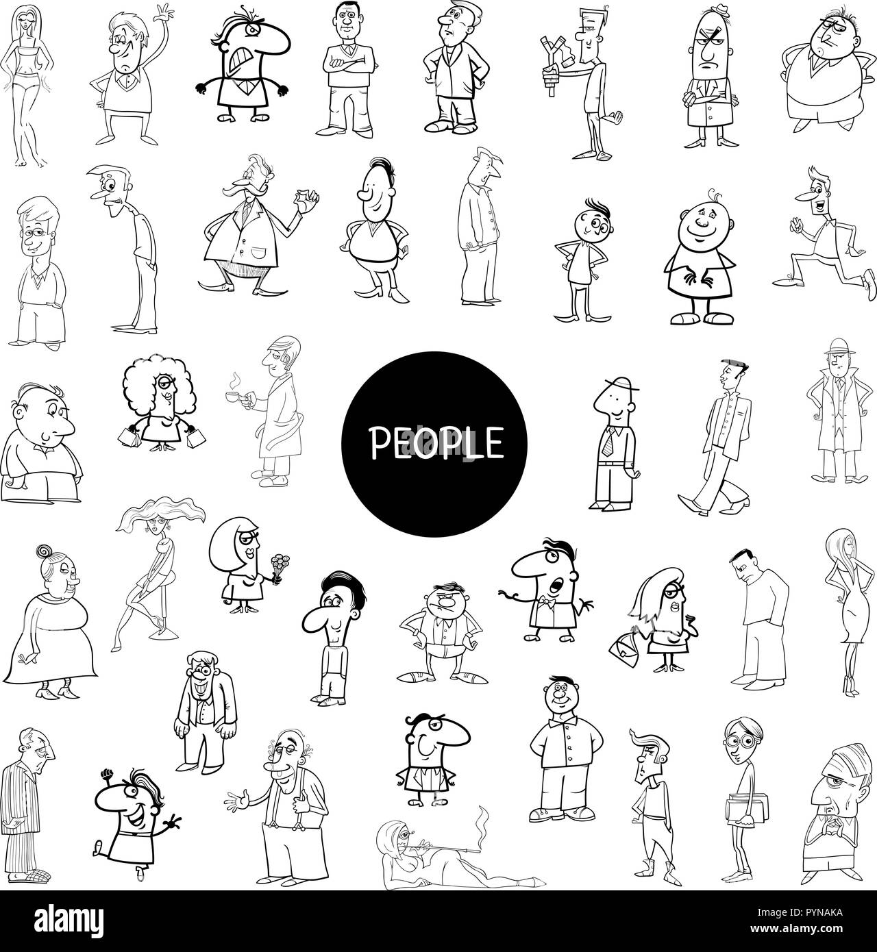 Black and White Cartoon Illustration of Women and Men People Characters
