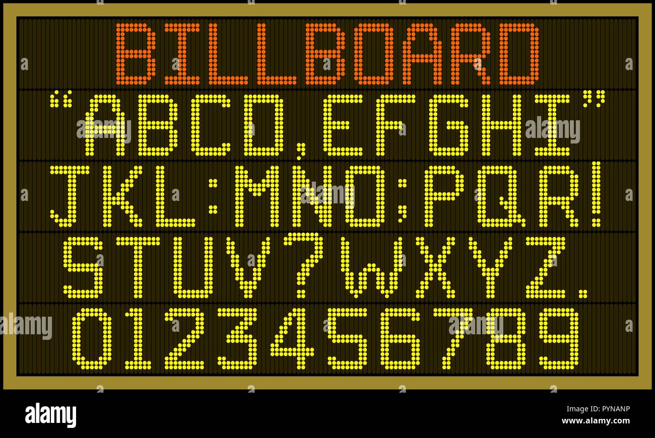 Billboard font - Retro LCD billboard with upper case alphabets, numerals and punctuation characters in round pixel font. Stock Vector