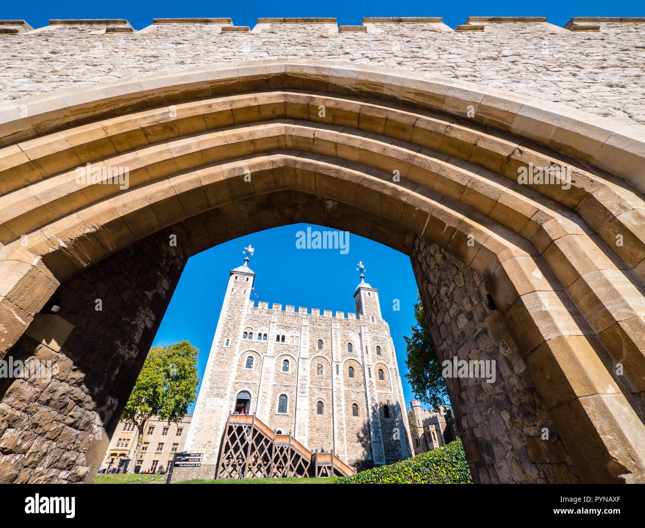 Gateway to Innermost Ward, With White Tower View, Tower of London, London, England, UK, GB. Stock Photo