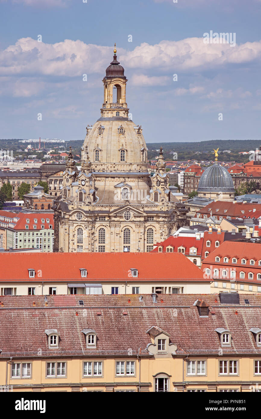 Aerial view over Dresden and the Frauenkirche cathedral Stock Photo