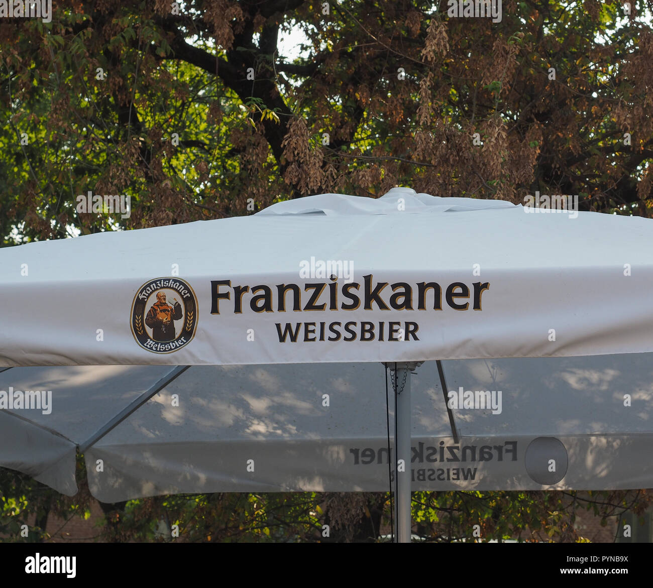 BERLIN, GERMANY - CIRCA SEPTEMBER 2018: Franziskaner Weissbier (meaning  white beer) on sun umbrella Stock Photo - Alamy