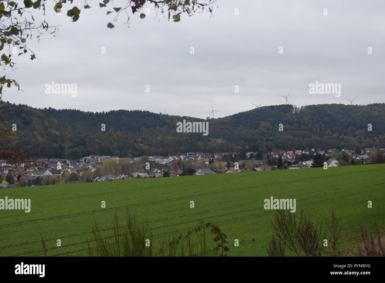 Autumn in Reimsbach in the year 2018 viewed from the from the southwest direction towards the town. Herbst in Reimsbach in dem Jahr 2018. Stock Photo