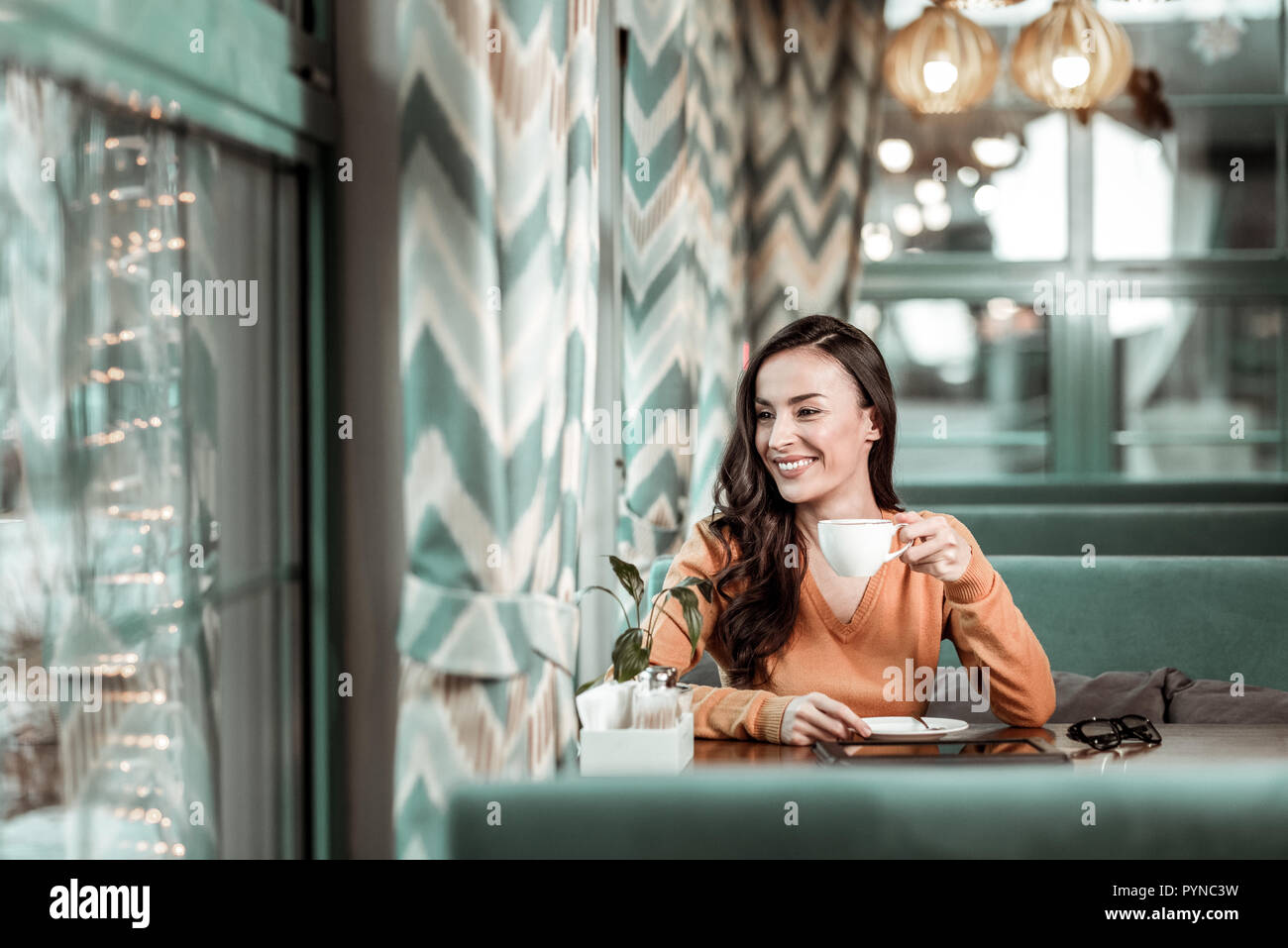 Charming longhaired woman drinking tea in cafe Stock Photo