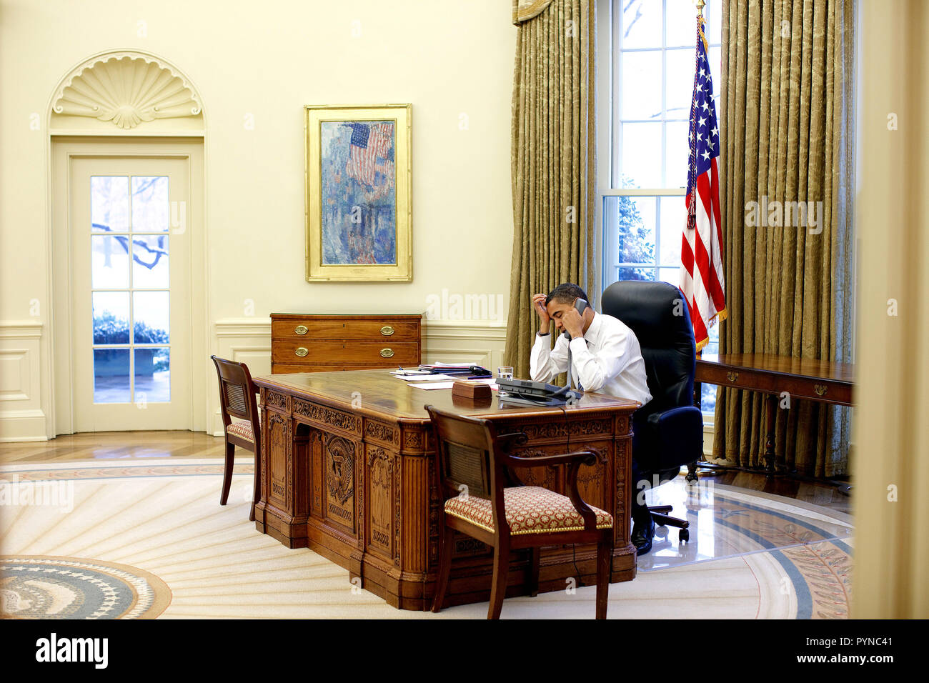 President Barack Obama in the Oval Office 1/28/09. Stock Photo