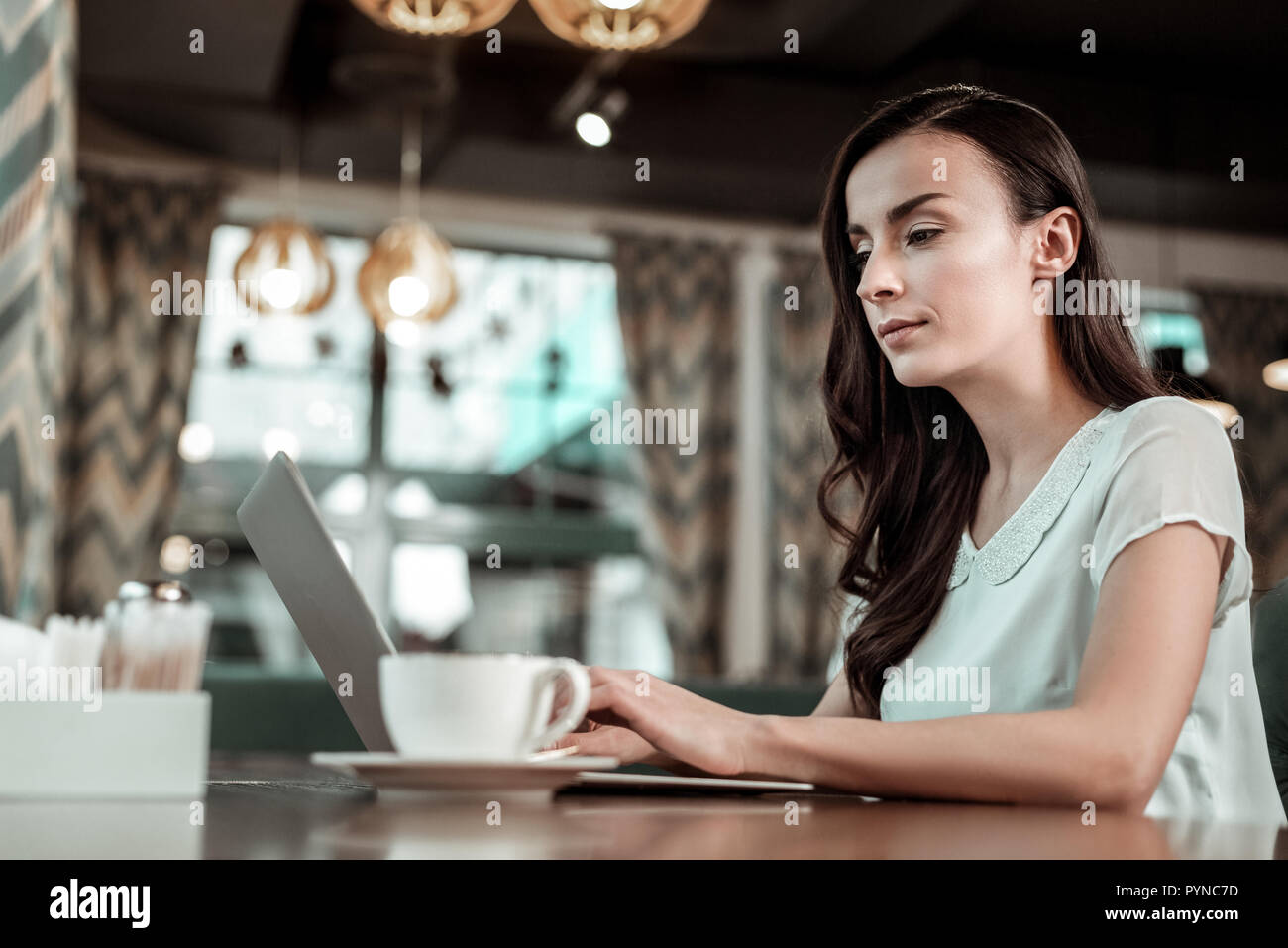 Concentrated young brunette woman working on distance Stock Photo