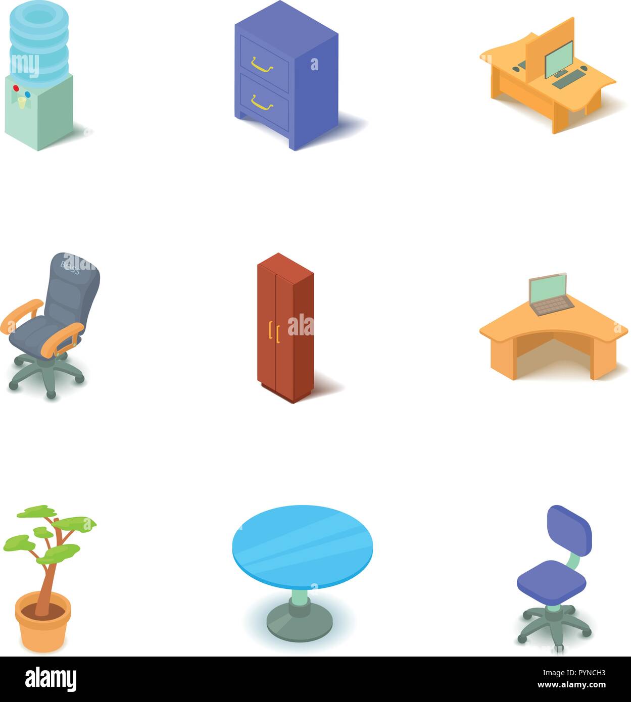 Office chair icons set, isometric style Stock Vector