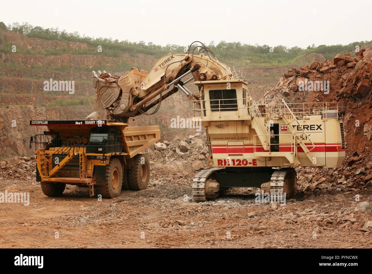 Terex RH120E Hydraulic face shovel loading rock at Lafarge's