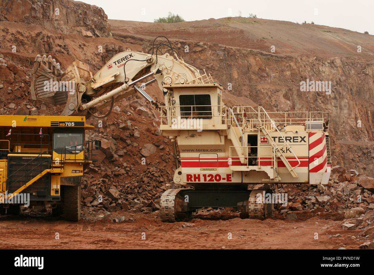 Terex RH120E Hydraulic face shovel loading rock at Lafarge's