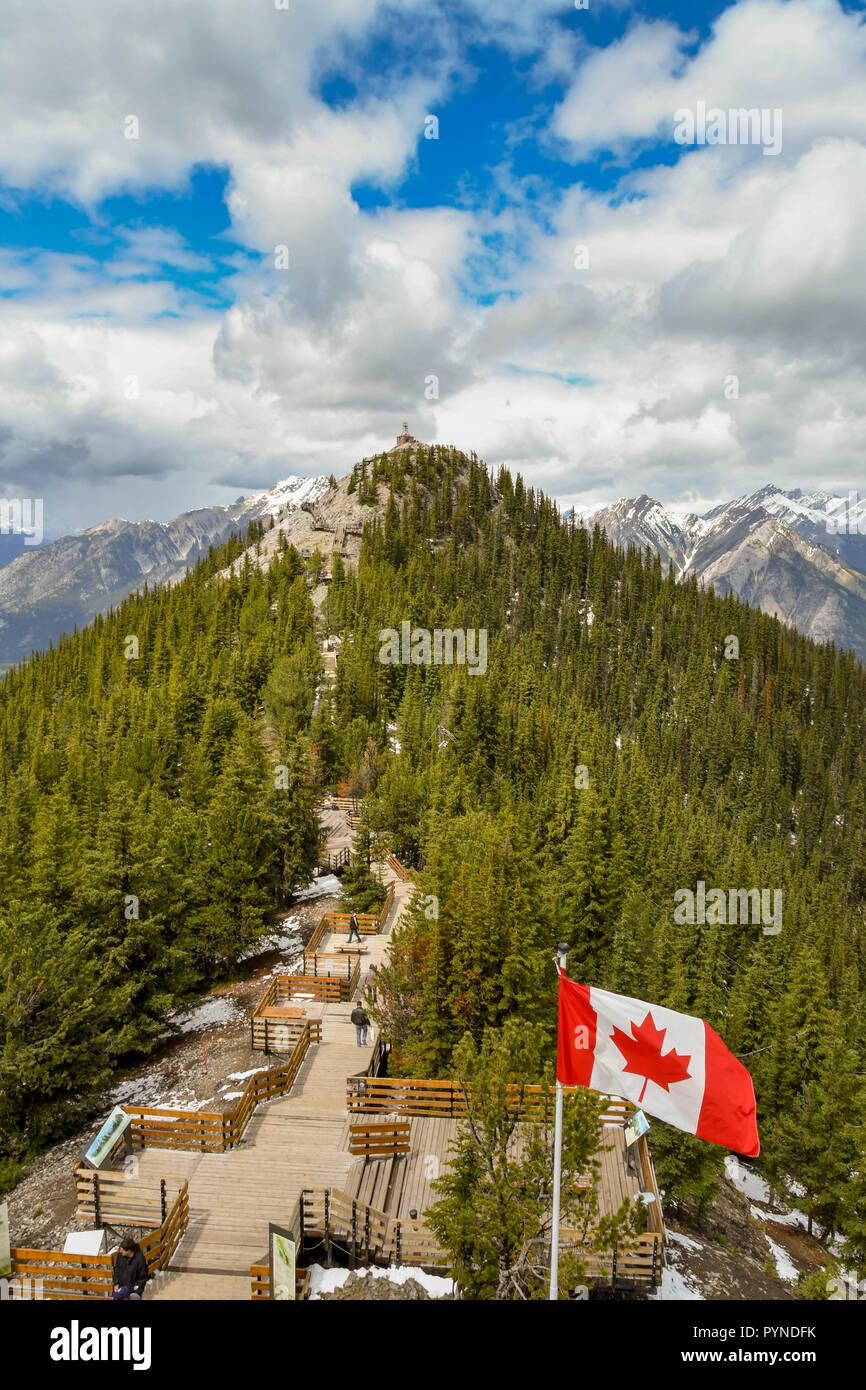 BANFF, AB, CANADA - JUNE 2018: National flag of Canada, the Maple Leaf, flying on Sulphur Mountain in Banff. In the distances is the old meteorologica Stock Photo
