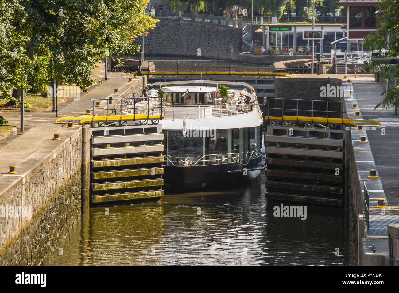 Tourist sightseeing boat in a lock on the River Vltava in the centre of Prague Stock Photo
