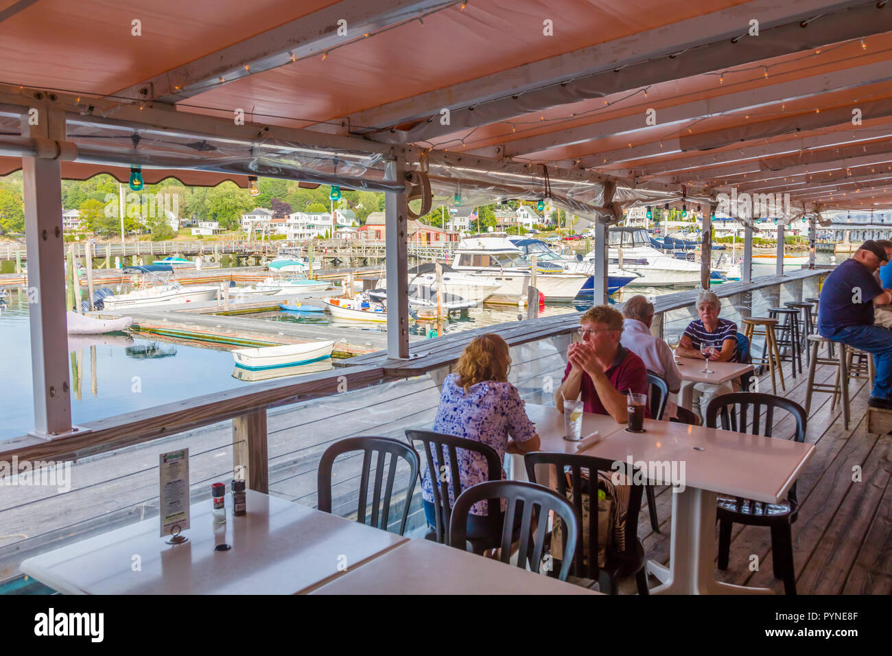 Waterfront restaurant on the harbor in Boothbay Harbor Maine in the