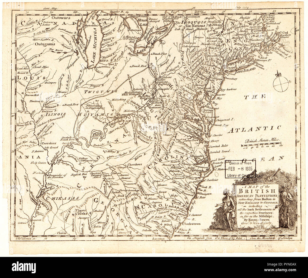 Vintage Maps / Antique Maps - A map of the British American plantations, extending from Boston in New England to Georgia : including all the back settlements in the respective provinces as far as the Mississipi Stock Photo
