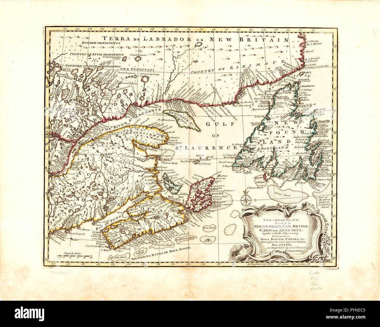 Vintage Maps / Antique Maps -  A new & accurate map of the islands of Newfoundland, Cape Breton, St. John and Anticosta; together with the neighbouring countries of Nova Scotia, Canada Stock Photo