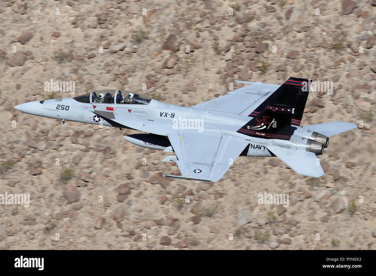 Boeing F/A-18F Super Hornet flown by US Navy test squadron VX-9 'Vampires' from China Lake NWS in Death Valley during 2016 Stock Photo