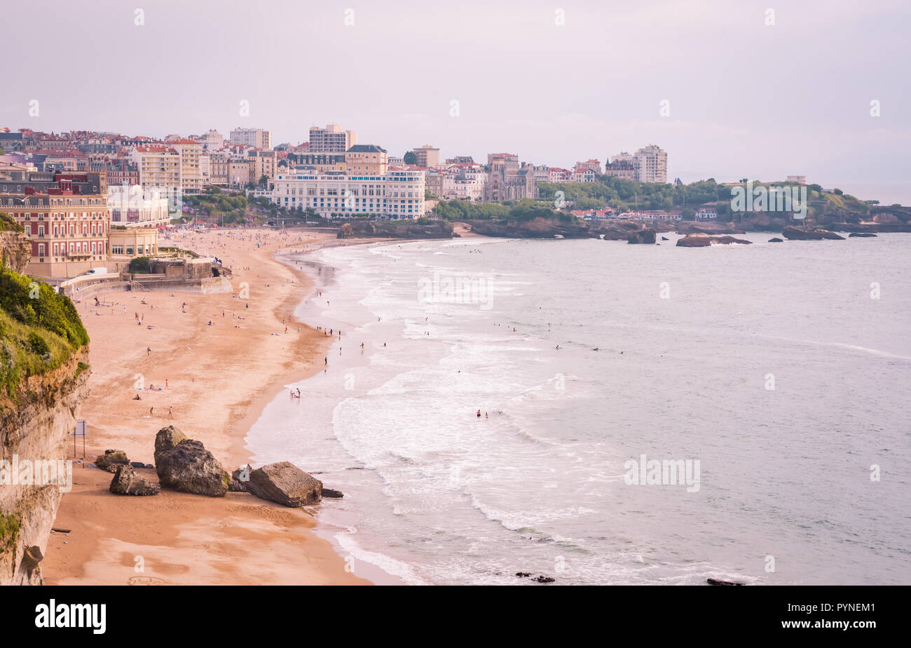 july 07 2018 Biarritz , France . Biarritz city and its famous sand beaches - Miramar and La Grande Plage, Bay of Biscay, Atlantic coast, France Stock Photo