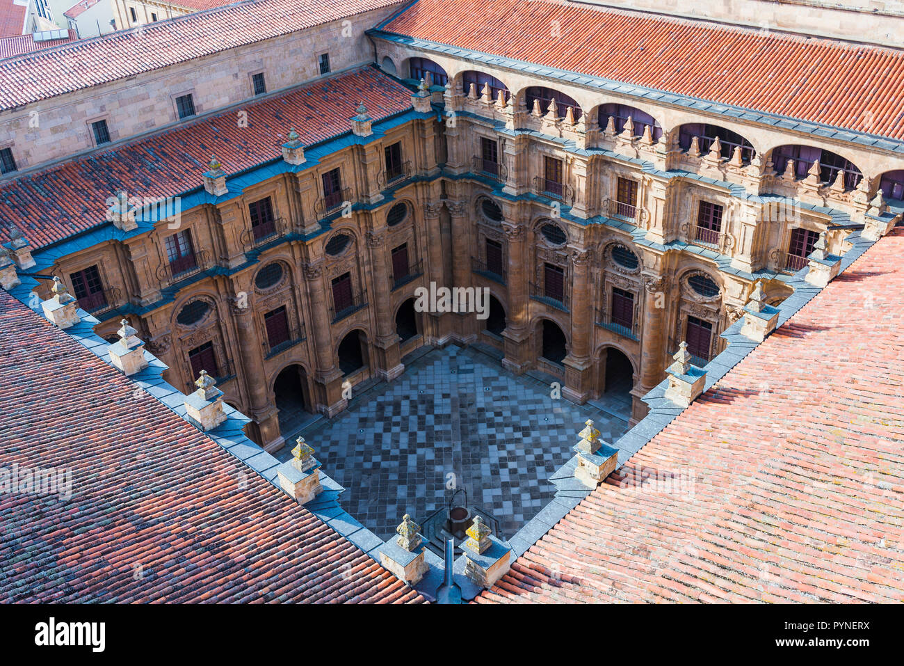 Baroque courtyard. The Pontifical University and the Clerecia Building. Salamanca, Castilla y Leon, Spain, Europe Stock Photo