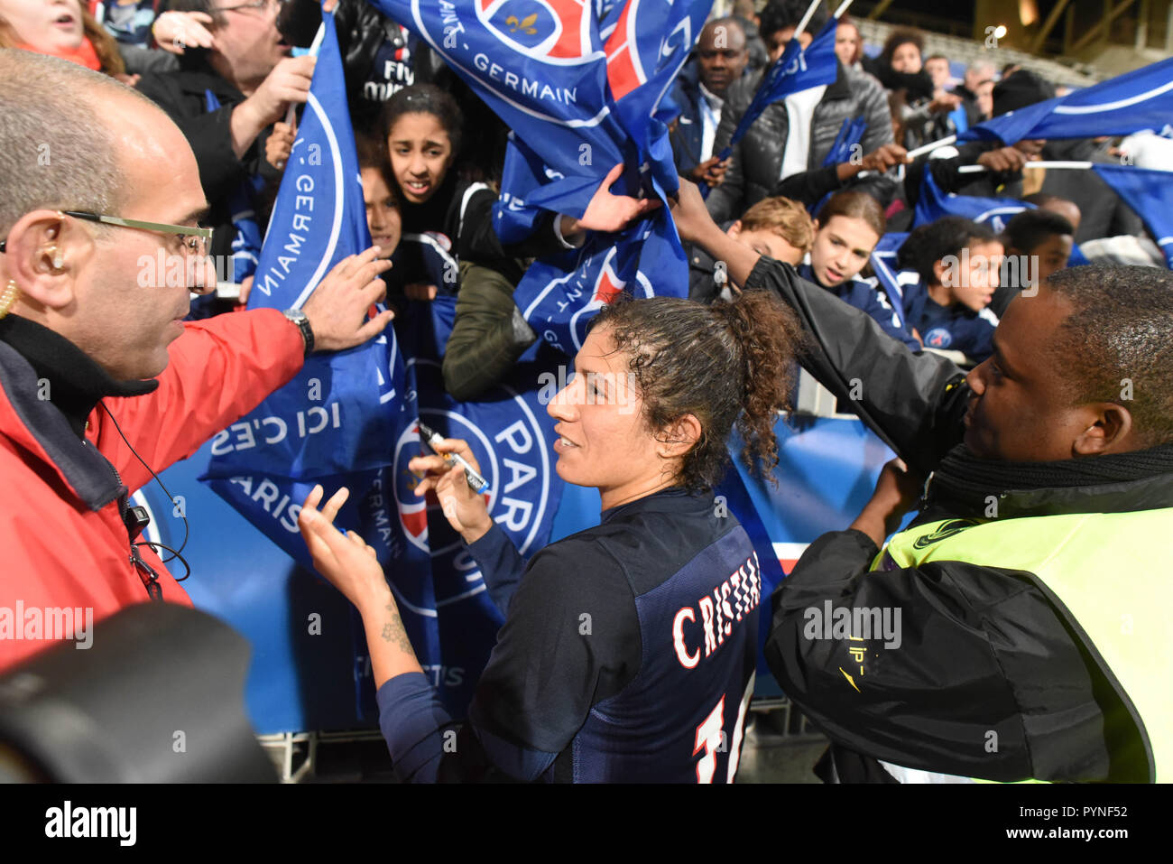 November 18, 2015 - Paris, France: Paris PSG player Cristiane Rozeira de  Souza Silva signs autographs and salute supporters after the football match  between Orebro and PSG. Match de foot entre l'equipe